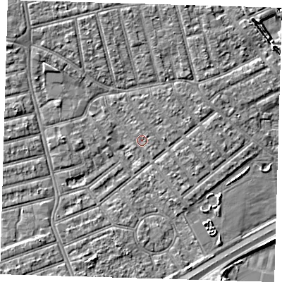 Shaded relief map of the ground around E66HH, computed from Environment Agency LiDAR. The ground here sits at about 3 m above sea level and falls 6 m across the surrounding 800 m. Surface water reaching this point runs off ground lying to the north, 1.0 m higher.