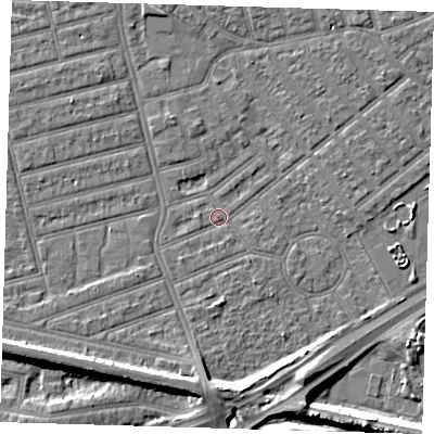 Shaded relief map of the ground around E66HJ, computed from Environment Agency LiDAR. The ground here sits at about 3 m above sea level and falls 10 m across the surrounding 800 m. Surface water reaching this point runs off ground lying to the south, 7.6 m higher.