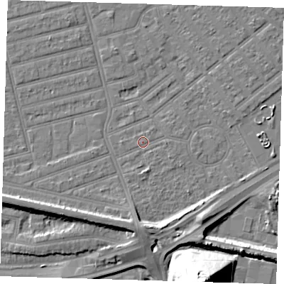 Shaded relief map of the ground around E66HN, computed from Environment Agency LiDAR. The ground here sits at about 3 m above sea level and falls 36 m across the surrounding 800 m. Surface water reaching this point runs off ground lying to the south-west, 5.1 m higher.