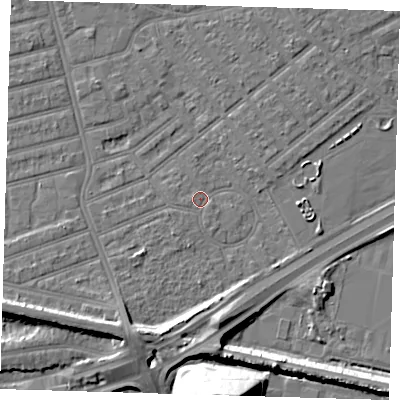 Shaded relief map of the ground around E66HP, computed from Environment Agency LiDAR. The ground here sits at about 2 m above sea level and falls 26 m across the surrounding 800 m. Surface water reaching this point runs off ground lying to the south-west, 6.7 m higher.
