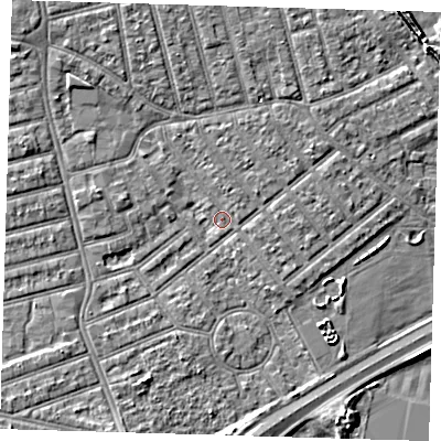 Shaded relief map of the ground around E66HQ, computed from Environment Agency LiDAR. The ground here sits at about 3 m above sea level and falls 5 m across the surrounding 800 m. Surface water reaching this point runs off ground lying to the south, 4.3 m higher.