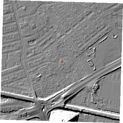 Shaded relief map of the ground around E66HR, computed from Environment Agency LiDAR. The ground here sits at about 2 m above sea level and falls 30 m across the surrounding 800 m. Surface water reaching this point runs off ground lying to the south-south-west, 7.6 m higher.