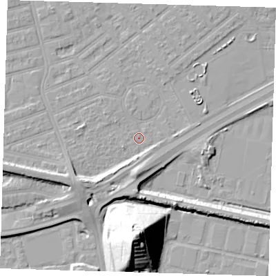 Shaded relief map of the ground around E66HS, computed from Environment Agency LiDAR. The ground here sits at about 2 m above sea level and falls 36 m across the surrounding 800 m. Surface water reaching this point runs off ground lying to the south-west, 6.7 m higher.