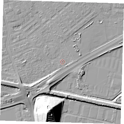 Shaded relief map of the ground around E66HT, computed from Environment Agency LiDAR. The ground here sits at about 2 m above sea level and falls 36 m across the surrounding 800 m. Surface water reaching this point runs off ground lying to the south-west, 7.4 m higher.