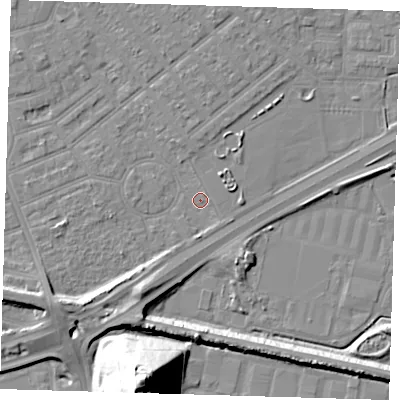 Shaded relief map of the ground around E66HU, computed from Environment Agency LiDAR. The ground here sits at about 2 m above sea level and falls 36 m across the surrounding 800 m. Surface water reaching this point runs off ground lying to the south-west, 7.6 m higher.