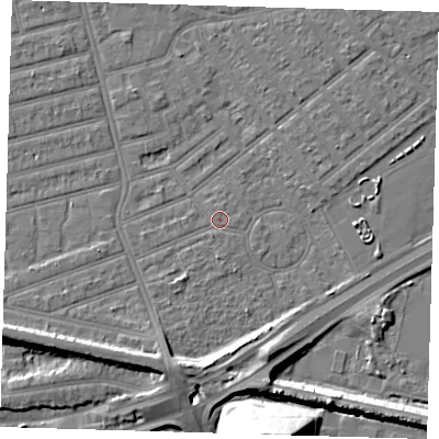 Shaded relief map of the ground around E66HW, computed from Environment Agency LiDAR. The ground here sits at about 3 m above sea level and falls 26 m across the surrounding 800 m. Surface water reaching this point runs off ground lying to the south-west, 5.5 m higher.