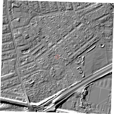 Shaded relief map of the ground around E66HX, computed from Environment Agency LiDAR. The ground here sits at about 2 m above sea level and falls 9 m across the surrounding 800 m. Surface water reaching this point runs off ground lying to the west-south-west, 3.6 m higher.