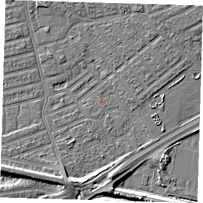 Shaded relief map of the ground around E66HY, computed from Environment Agency LiDAR. The ground here sits at about 2 m above sea level and falls 10 m across the surrounding 800 m. Surface water reaching this point runs off ground lying to the south-south-west, 7.6 m higher.