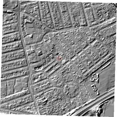 Shaded relief map of the ground around E66HZ, computed from Environment Agency LiDAR. The ground here sits at about 2 m above sea level and falls 7 m across the surrounding 800 m. Surface water reaching this point runs off ground lying to the south, 4.5 m higher.
