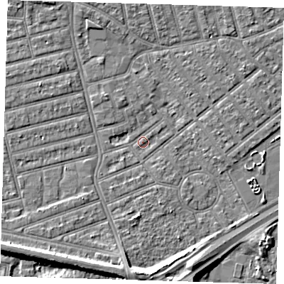 Shaded relief map of the ground around E66JA, computed from Environment Agency LiDAR. The ground here sits at about 2 m above sea level and falls 8 m across the surrounding 800 m. Surface water reaching this point runs off ground lying to the south, 7.6 m higher.