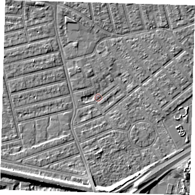 Shaded relief map of the ground around E66JB, computed from Environment Agency LiDAR. The ground here sits at about 2 m above sea level and falls 8 m across the surrounding 800 m. Surface water reaching this point runs off ground lying to the south, 7.6 m higher.