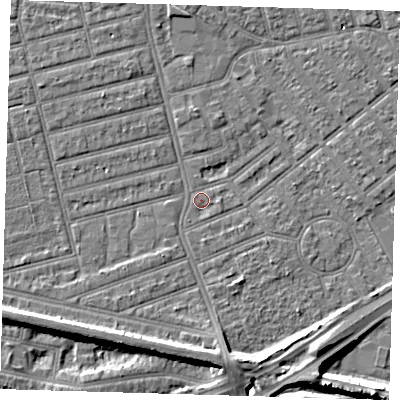 Shaded relief map of the ground around E66JD, computed from Environment Agency LiDAR. The ground here sits at about 3 m above sea level and falls 9 m across the surrounding 800 m. Surface water reaching this point runs off ground lying to the south-south-west, 1.0 m higher.