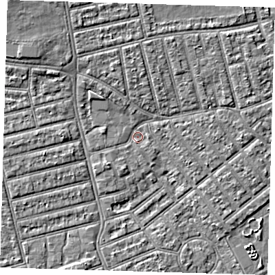 Shaded relief map of the ground around E66JE, computed from Environment Agency LiDAR. The ground here sits at about 2 m above sea level and falls 5 m across the surrounding 800 m. Surface water reaching this point runs off ground lying to the north, 2.9 m higher.