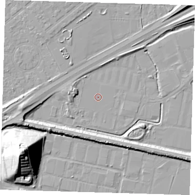 Shaded relief map of the ground around E66JF, computed from Environment Agency LiDAR. The ground here sits at about 1 m above sea level and falls 35 m across the surrounding 800 m. Surface water reaching this point runs off ground lying to the west-south-west, 10.0 m higher.