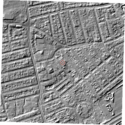 Shaded relief map of the ground around E66JH, computed from Environment Agency LiDAR. The ground here sits at about 3 m above sea level and falls 5 m across the surrounding 800 m. Surface water reaching this point runs off ground lying to the north, 2.9 m higher.