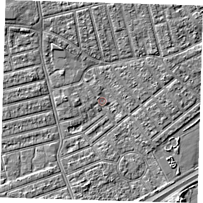 Shaded relief map of the ground around E66JJ, computed from Environment Agency LiDAR. The ground here sits at about 2 m above sea level and falls 5 m across the surrounding 800 m. Surface water reaching this point runs off ground lying to the north-west, 4.0 m higher.