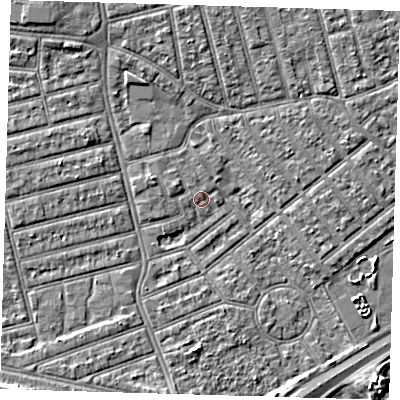 Shaded relief map of the ground around E66JN, computed from Environment Agency LiDAR. The ground here sits at about 2 m above sea level and falls 7 m across the surrounding 800 m. Surface water reaching this point runs off ground lying to the south-south-east, 4.2 m higher.
