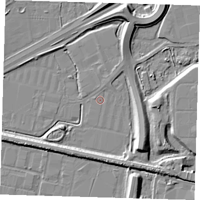 Shaded relief map of the ground around E66LG, computed from Environment Agency LiDAR. The ground here sits at about 2 m above sea level and falls 11 m across the surrounding 800 m. Surface water reaching this point runs off ground lying to the north-north-east, 0.8 m higher.