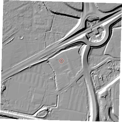 Shaded relief map of the ground around E66LH, computed from Environment Agency LiDAR. The ground here sits at about 2 m above sea level and falls 11 m across the surrounding 800 m. Surface water reaching this point runs off ground lying to the east-north-east, 0.9 m higher.