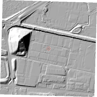 Shaded relief map of the ground around E66LP, computed from Environment Agency LiDAR. The ground here sits at about 4 m above sea level and falls 36 m across the surrounding 800 m. Surface water reaching this point runs off ground lying to the south-west, 1.5 m higher.