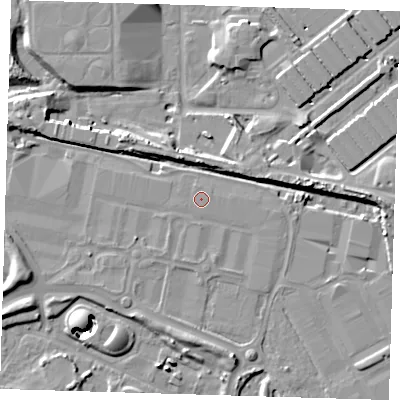 Shaded relief map of the ground around E67ER, computed from Environment Agency LiDAR. The ground here sits at about 5 m above sea level and falls 13 m across the surrounding 800 m. The ground contributing surface water to this point lies to the west-south-west.