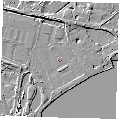 Shaded relief map of the ground around E67FF, computed from Environment Agency LiDAR. The ground here sits at about 5 m above sea level and falls 10 m across the surrounding 800 m. Surface water reaching this point runs off ground lying to the south-south-west, 5.1 m higher.