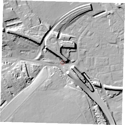 Shaded relief map of the ground around E95DH, computed from Environment Agency LiDAR. The ground here sits at about 6 m above sea level and falls 18 m across the surrounding 800 m. Surface water reaching this point runs off ground lying to the west-north-west, 11.6 m higher.