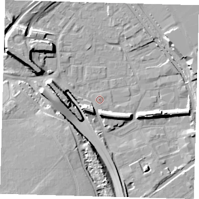 Shaded relief map of the ground around E95DS, computed from Environment Agency LiDAR. The ground here sits at about 6 m above sea level and falls 16 m across the surrounding 800 m. Surface water reaching this point runs off ground lying to the south, 6.8 m higher.
