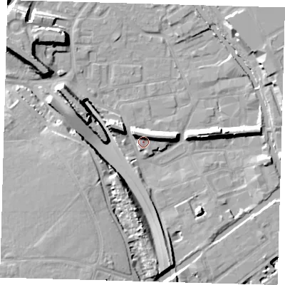 Shaded relief map of the ground around E95DW, computed from Environment Agency LiDAR. The ground here sits at about 7 m above sea level and falls 16 m across the surrounding 800 m. Surface water reaching this point runs off ground lying to the west-north-west, 6.6 m higher.