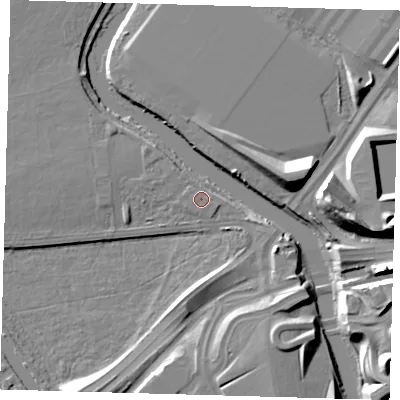 Shaded relief map of the ground around E95EF, computed from Environment Agency LiDAR. The ground here sits at about 7 m above sea level and falls 12 m across the surrounding 800 m. The ground contributing surface water to this point lies to the east-north-east.
