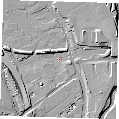 Shaded relief map of the ground around E95EN, computed from Environment Agency LiDAR. The ground here sits at about 5 m above sea level and falls 15 m across the surrounding 800 m. Surface water reaching this point runs off ground lying to the east, 11.7 m higher.