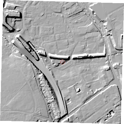 Shaded relief map of the ground around E95ET, computed from Environment Agency LiDAR. The ground here sits at about 7 m above sea level and falls 16 m across the surrounding 800 m. Surface water reaching this point runs off ground lying to the west-north-west, 15.3 m higher.