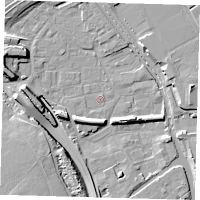 Shaded relief map of the ground around E95EU, computed from Environment Agency LiDAR. The ground here sits at about 5 m above sea level and falls 16 m across the surrounding 800 m. Surface water reaching this point runs off ground lying to the west, 15.3 m higher.