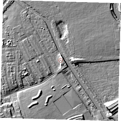 Shaded relief map of the ground around E95GN, computed from Environment Agency LiDAR. The ground here sits at about 8 m above sea level and falls 10 m across the surrounding 800 m. Surface water reaching this point runs off ground lying to the east-south-east, 2.6 m higher.