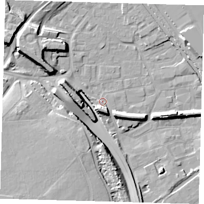 Shaded relief map of the ground around E95GR, computed from Environment Agency LiDAR. The ground here sits at about 6 m above sea level and falls 16 m across the surrounding 800 m. Surface water reaching this point runs off ground lying to the south-west, 7.6 m higher.