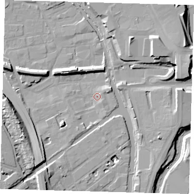 Shaded relief map of the ground around E95GS, computed from Environment Agency LiDAR. The ground here sits at about 6 m above sea level and falls 15 m across the surrounding 800 m. Surface water reaching this point runs off ground lying to the east-north-east, 11.6 m higher.