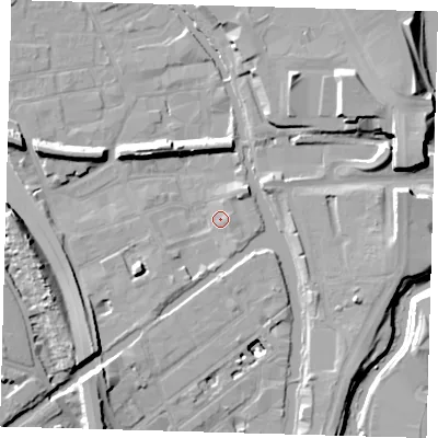 Shaded relief map of the ground around E95GU, computed from Environment Agency LiDAR. The ground here sits at about 6 m above sea level and falls 15 m across the surrounding 800 m. Surface water reaching this point runs off ground lying to the east-north-east, 11.4 m higher.
