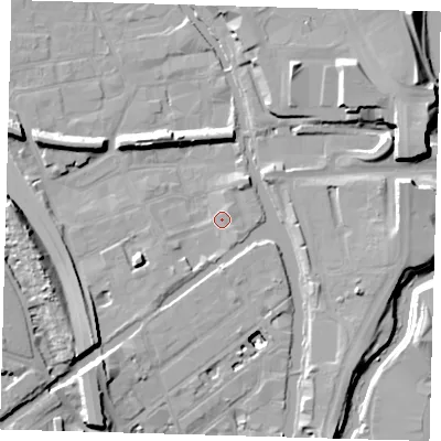Shaded relief map of the ground around E95GW, computed from Environment Agency LiDAR. The ground here sits at about 5 m above sea level and falls 15 m across the surrounding 800 m. Surface water reaching this point runs off ground lying to the north-east, 2.6 m higher.