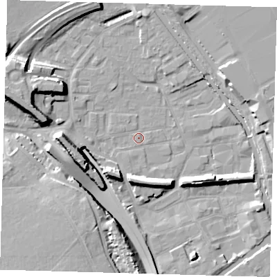Shaded relief map of the ground around E95GY, computed from Environment Agency LiDAR. The ground here sits at about 5 m above sea level and falls 16 m across the surrounding 800 m. Surface water reaching this point runs off ground lying to the north-east, 2.3 m higher.