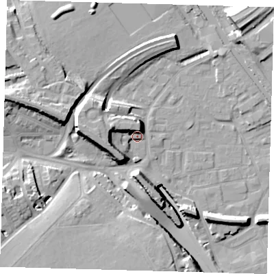 Shaded relief map of the ground around E95GZ, computed from Environment Agency LiDAR. The ground here sits at about 8 m above sea level and falls 17 m across the surrounding 800 m. Surface water reaching this point runs off ground lying to the west-south-west, 8.7 m higher.