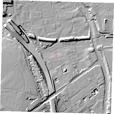 Shaded relief map of the ground around E95HA, computed from Environment Agency LiDAR. The ground here sits at about 5 m above sea level and falls 17 m across the surrounding 800 m. Surface water reaching this point runs off ground lying to the south-east, 1.5 m higher.