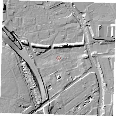 Shaded relief map of the ground around E95HB, computed from Environment Agency LiDAR. The ground here sits at about 5 m above sea level and falls 16 m across the surrounding 800 m. Surface water reaching this point runs off ground lying to the south-west, 10.6 m higher.