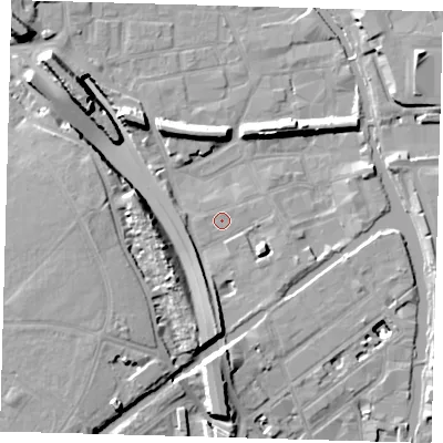Shaded relief map of the ground around E95HD, computed from Environment Agency LiDAR. The ground here sits at about 6 m above sea level and falls 17 m across the surrounding 800 m. The ground contributing surface water to this point lies to the west.