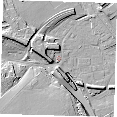 Shaded relief map of the ground around E95HE, computed from Environment Agency LiDAR. The ground here sits at about 6 m above sea level and falls 17 m across the surrounding 800 m. Surface water reaching this point runs off ground lying to the west-north-west, 11.2 m higher.