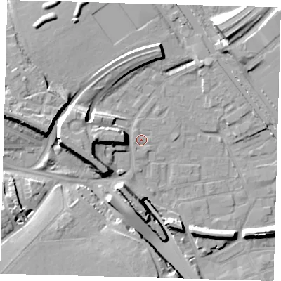 Shaded relief map of the ground around E95HF, computed from Environment Agency LiDAR. The ground here sits at about 6 m above sea level and falls 17 m across the surrounding 800 m. Surface water reaching this point runs off ground lying to the south-south-west, 1.0 m higher.
