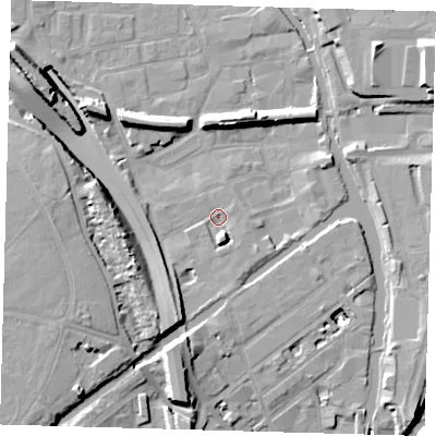 Shaded relief map of the ground around E95HJ, computed from Environment Agency LiDAR. The ground here sits at about 5 m above sea level and falls 17 m across the surrounding 800 m. Surface water reaching this point runs off ground lying to the south-south-east, 4.3 m higher.