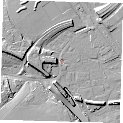 Shaded relief map of the ground around E95HN, computed from Environment Agency LiDAR. The ground here sits at about 6 m above sea level and falls 17 m across the surrounding 800 m. Surface water reaching this point runs off ground lying to the west-south-west, 7.7 m higher.