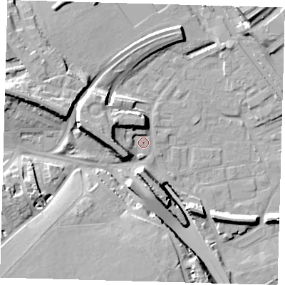 Shaded relief map of the ground around E95HQ, computed from Environment Agency LiDAR. The ground here sits at about 6 m above sea level and falls 17 m across the surrounding 800 m. Surface water reaching this point runs off ground lying to the west, 8.7 m higher.