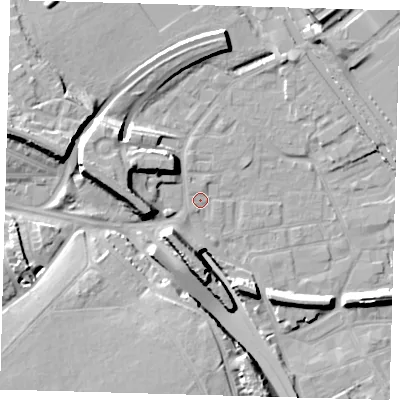 Shaded relief map of the ground around E95HU, computed from Environment Agency LiDAR. The ground here sits at about 6 m above sea level and falls 17 m across the surrounding 800 m. Surface water reaching this point runs off ground lying to the south-south-west, 1.0 m higher.