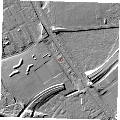 Shaded relief map of the ground around E95HW, computed from Environment Agency LiDAR. The ground here sits at about 6 m above sea level and falls 12 m across the surrounding 800 m. Surface water reaching this point runs off ground lying to the south-west, 8.5 m higher.